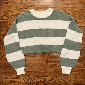 Hollister Green and White Striped Cropped Sweater